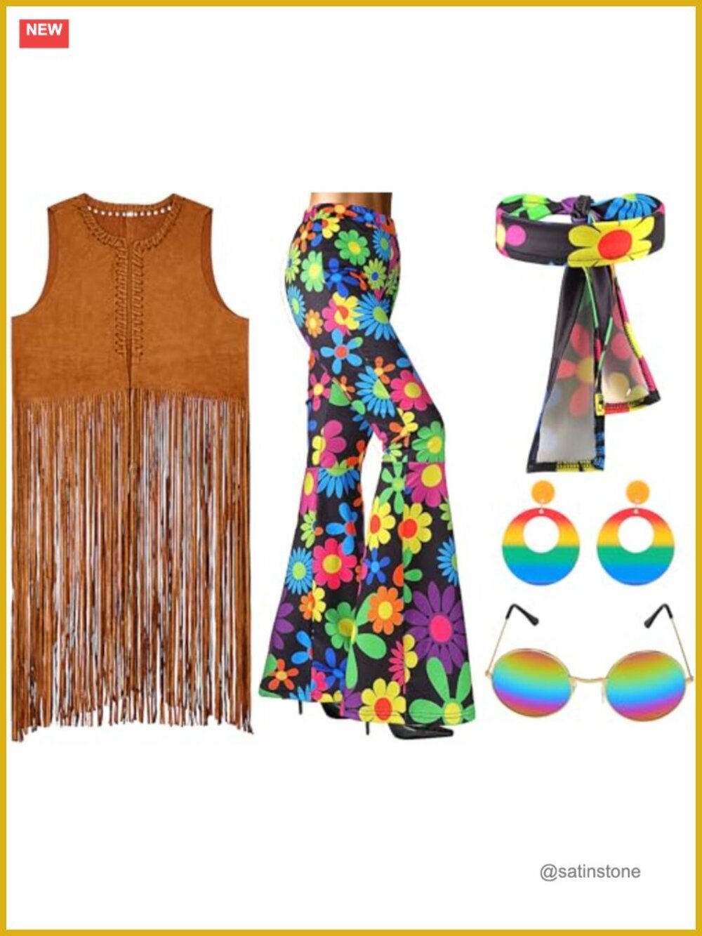 60s 70s Hippie Disco Costume Set Tassel Vest Flared Pants Faux Suede